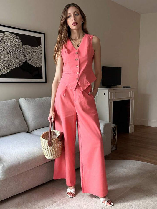 CM-SS737583 Women Elegant Seoul Style V-Neck Sleeveless Crop Camisole With Long Pants - Set