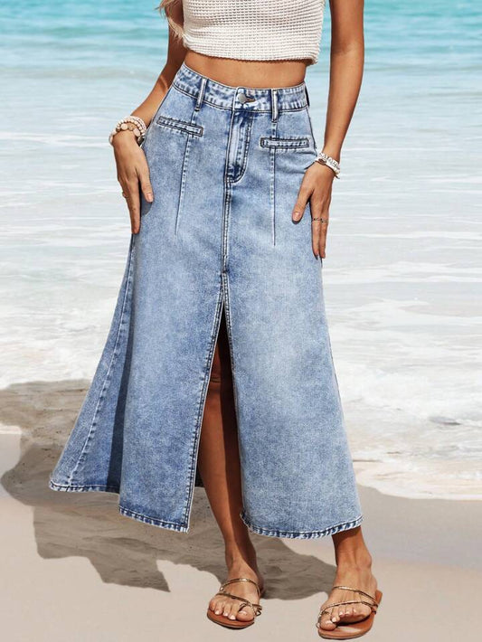 CM-BS573153 Women Casual Seoul Style Washed Asymmetrical Slit Fishtail Denim Skirt - Blue