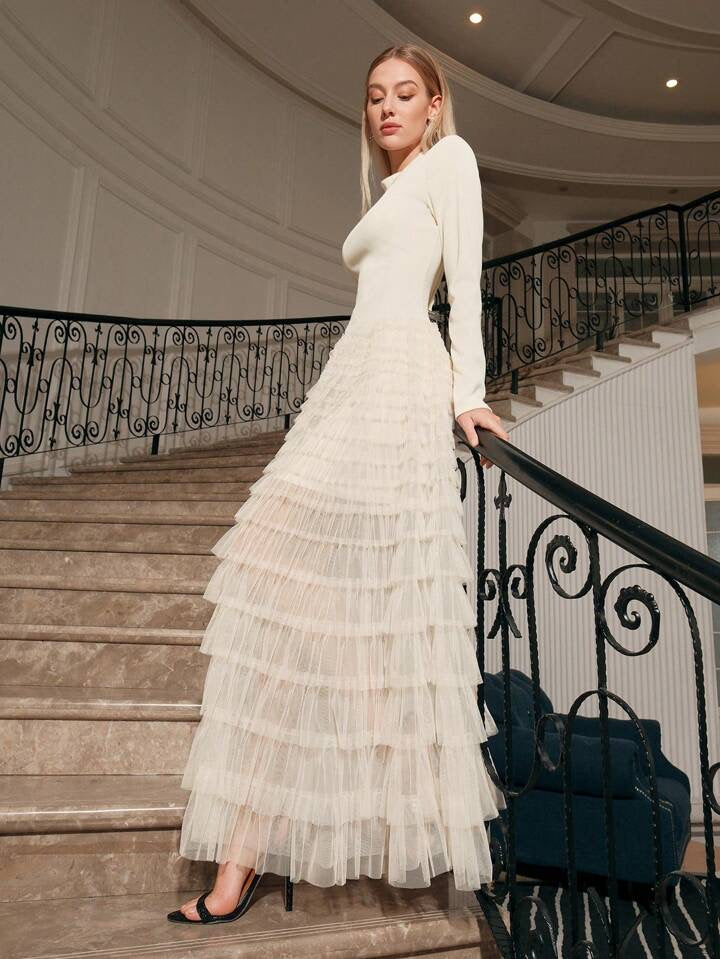 CM-DS625857 Women Elegant Seoul Style Stand Collar Long Sleeve Mesh Patchwork Dress - White