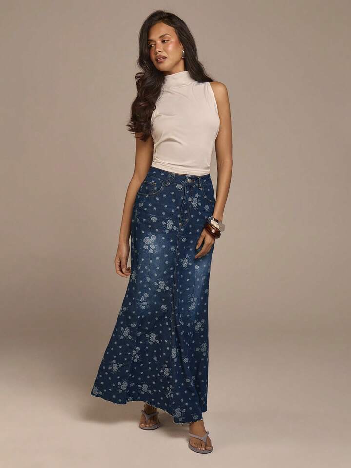CM-BS732323 Women Casual Seoul Style Dark Wash High Waist Rose Jacquard Mermaid Maxi Denim Skirt