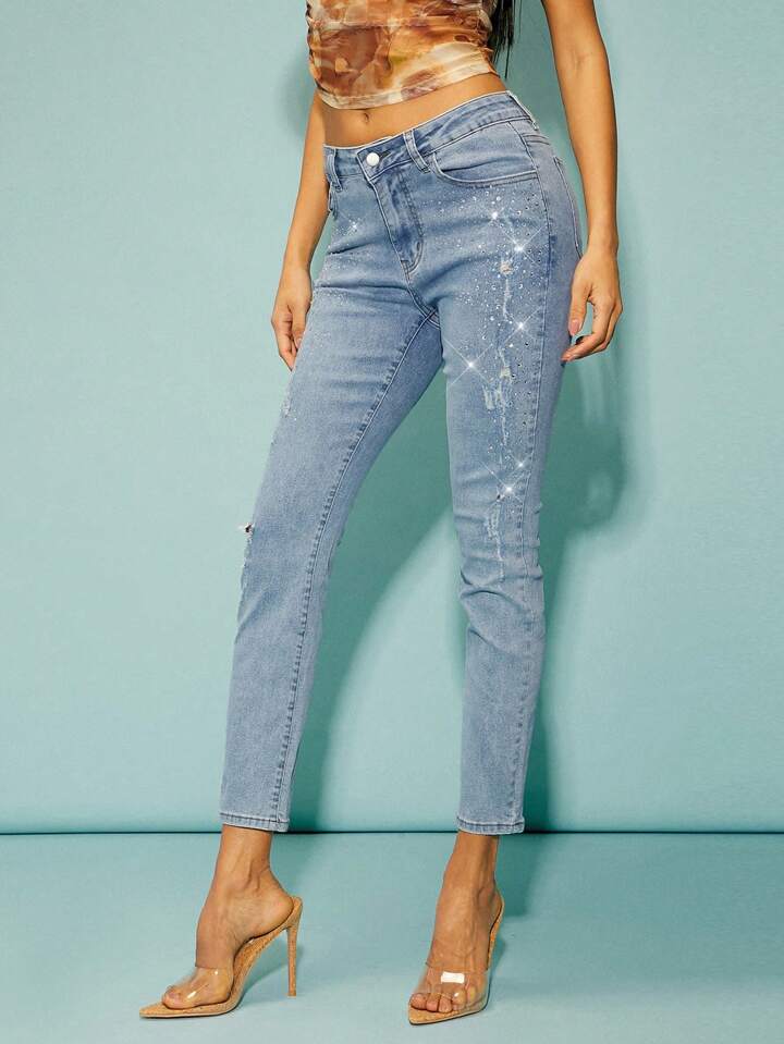 CM-BS505040 Women Casual Seoul Style Front Button Pocket Distressed Denim Jeans - Blue