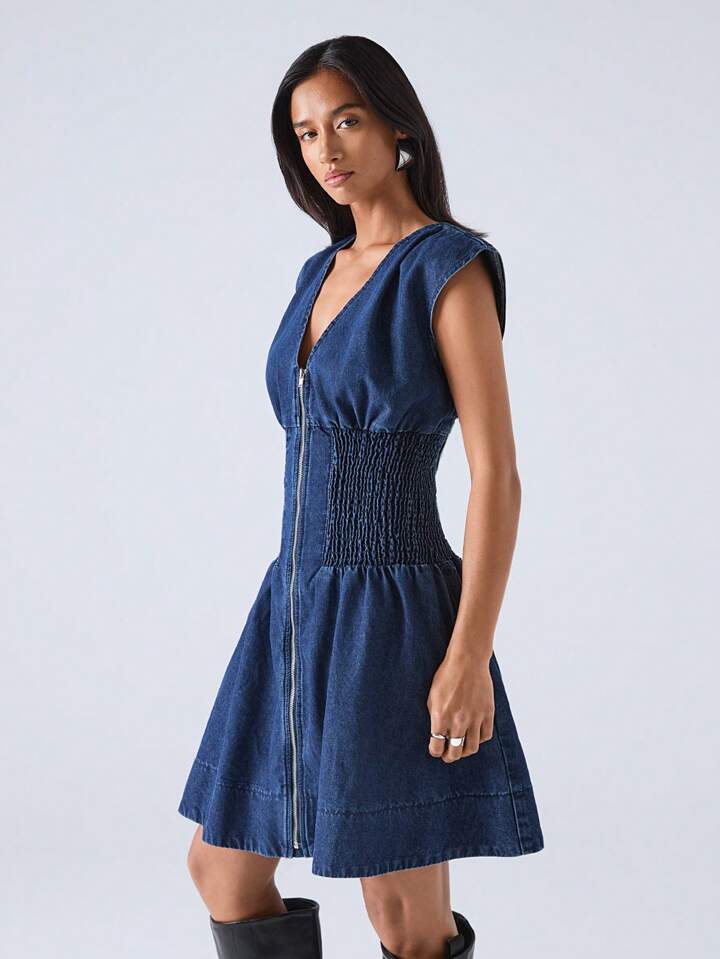 CM-DS498889 Women Casual Seoul Style V-Neck Barwing Sleeve High Waist A-Line Denim Dress - Blue