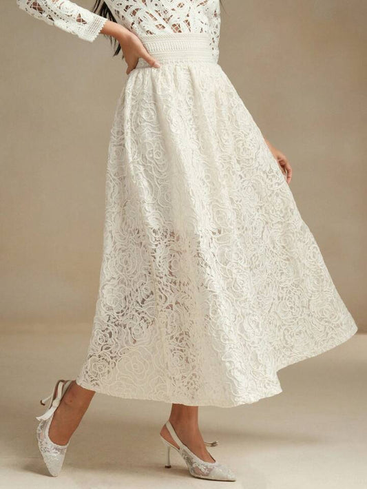 CM-BS269985 Women Elegant Seoul Style High Waist Floral Lace Jacquard Sheer Layered Skirt - Apricot