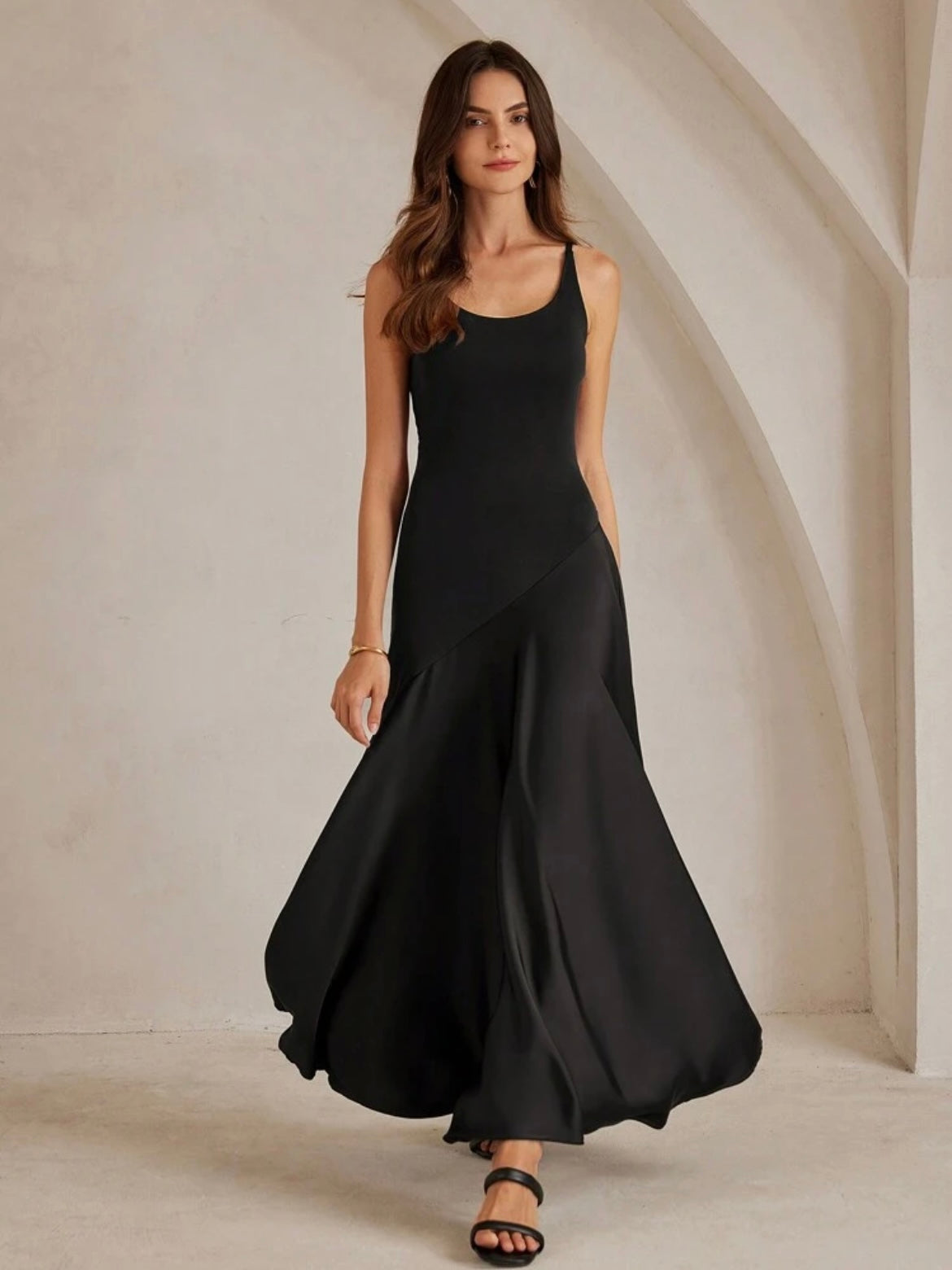 CM-DS475985 Women Elegant Seoul Style Solid Color Minimalist Spaghetti Strap Maxi A-Line Dress - Black
