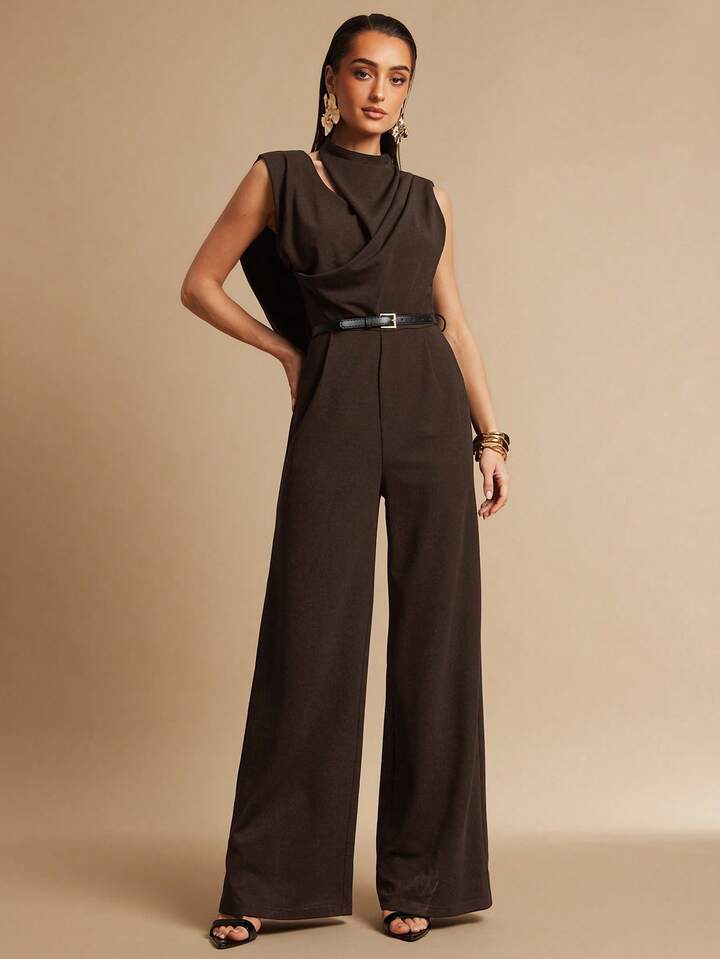 CM-JS606354 Women Elegant Seoul Style Stand Collar Sleeveless Pleated Backless Jumpsuit - Brown
