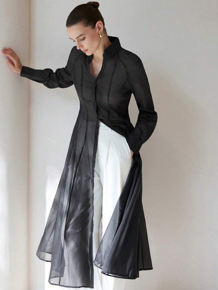 CM-TS697247 Women Casual Seoul Style Translucent Textured V-Neck Long Sleeve Gathered Waist Shirtdress - Black
