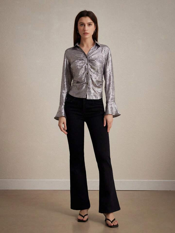 CM-TS271942 Women Elegant Seoul Style Shiny Metallic Gloss Flared Sleeve Shirt - Silver