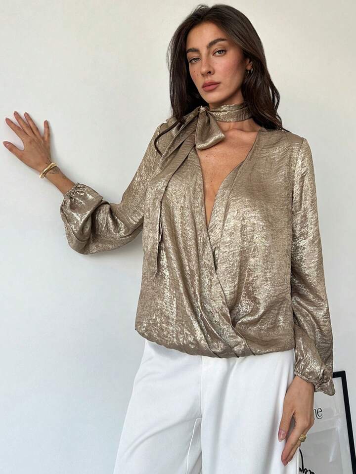 CM-TS134766 Women Elegant Seoul Style Tie Neck Cross-Wrap Lantern Sleeve Shirt - Gold