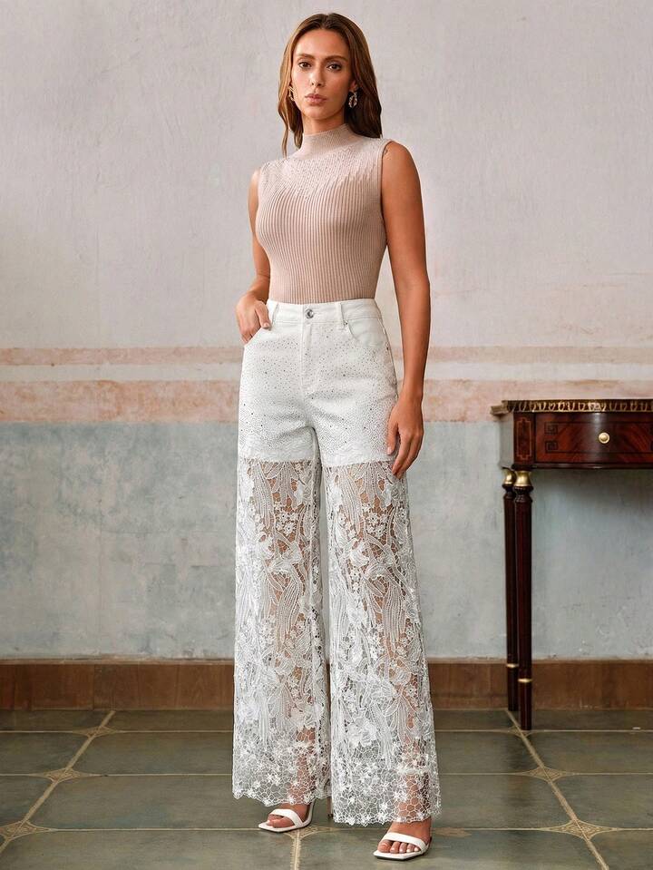 CM-BS987518 Women Elegant Seoul Style Mid Waist Lace Rhinestone Straight Leg Pants - White
