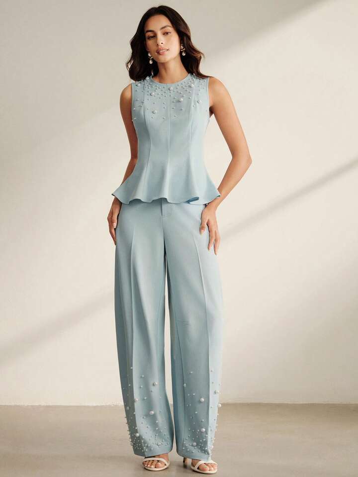 CM-SS517859 Women Elegant Seoul Style Round Neck Sleeveless Beaded Ruffle Hem Blouse With Tapered Trousers - Set