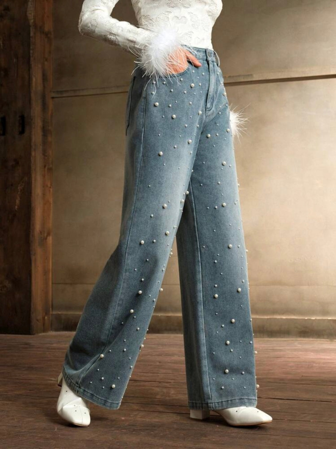 CM-BS784611 Women Elegant Seoul Style Light Wash Pearl Wide Leg Denim Trousers