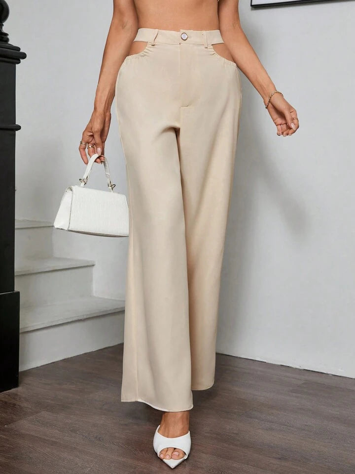 CM-BS011291 Women Elegant Seoul Style Solid Color High Waist Hollow Out Tie Straight Pants