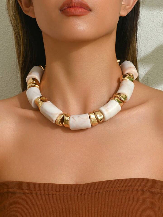 CM-AXS154588 Women Trendy Bohemian Style Jade Resin Bead Asymmetrical Golden Bead Necklace