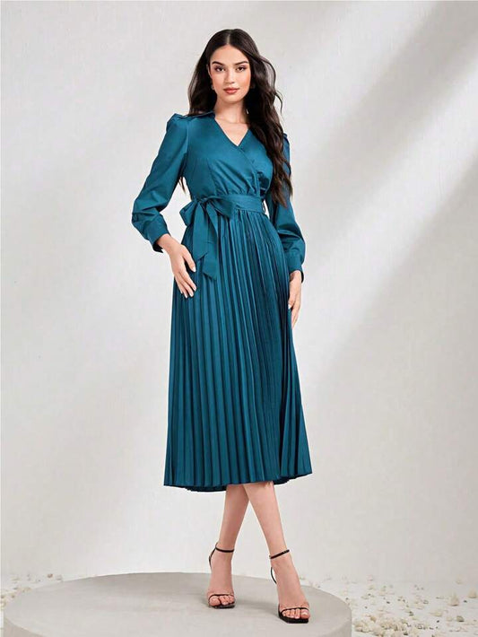 CM-DS800036 Women Elegant Seoul Style Solid Color Pleated Hem Wrap Belted Dress - Navy Blue
