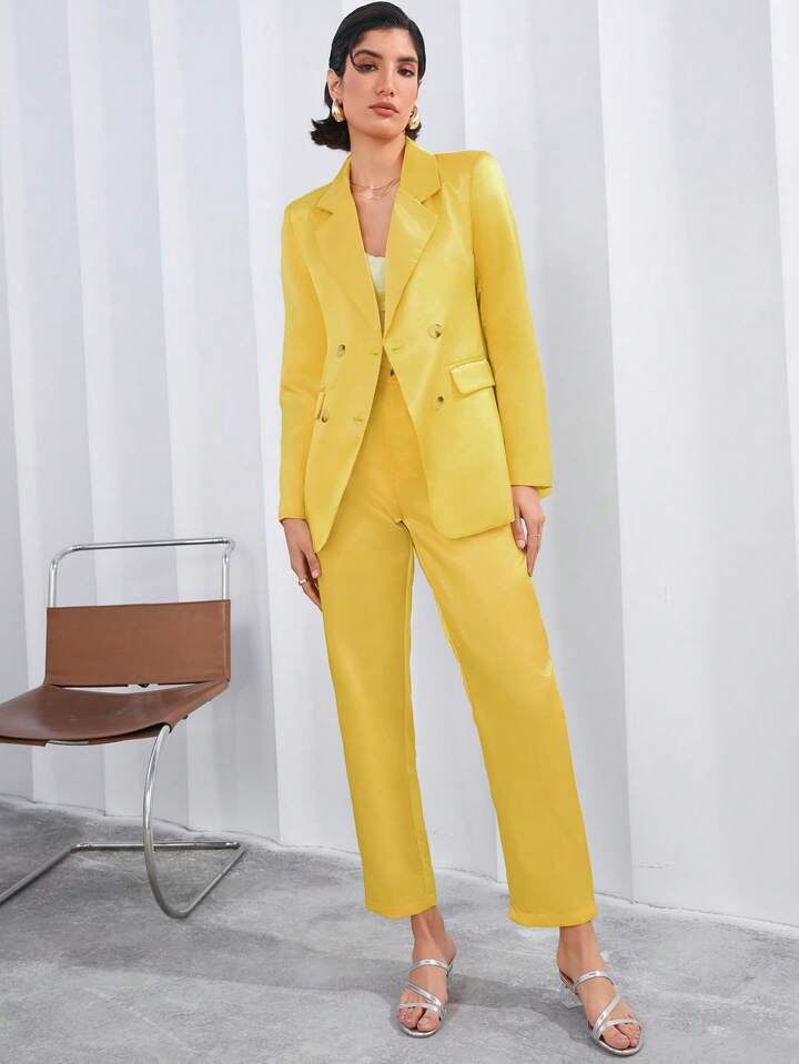 CM-SS812186 Women Elegant Seoul Style Notched Collar Long Sleeve Suit Jacket With Pants - Set