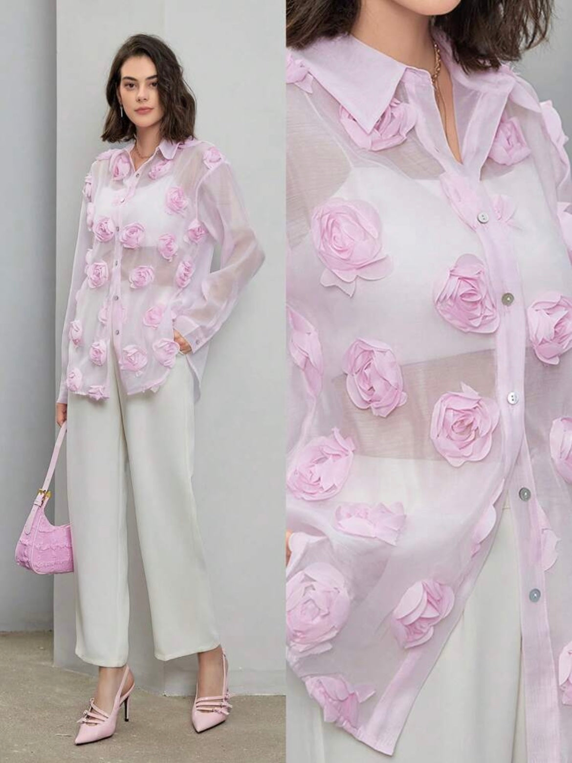 CM-TS896623 Women Elegant Seoul Style 3D Floral Long Sleeve Sheer Mesh Blouse - Baby Pink