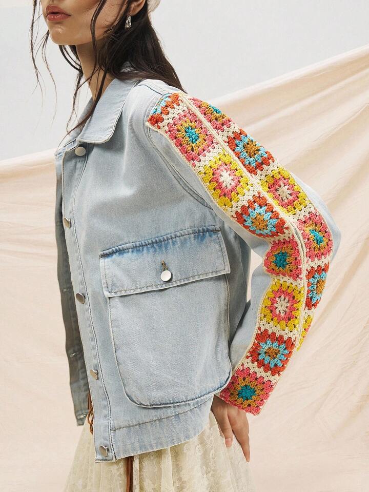 CM-CS335360 Women Casual Seoul Style Collar Neckline Stitching Multi-Color Sleeves Pattern Pattern Denim Jacket - Blue