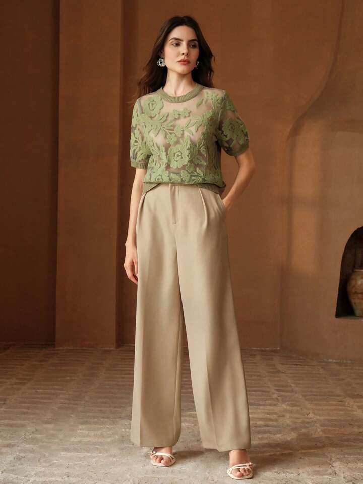 CM-TS717099 Women Casual Seoul Style Floral Mesh Round Neck Short Sleeve Knit Top - Army Green