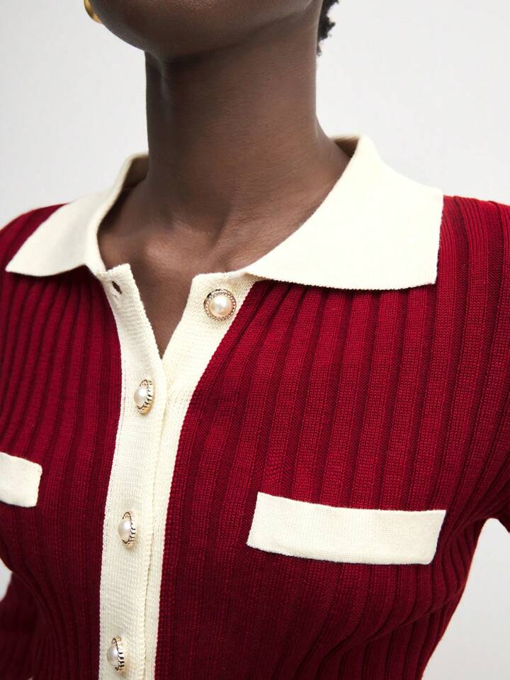 CM-CS143430 Women Casual Seoul Style Collar Neckline Long Sleeve Colorblock Knitted Sweater - Red