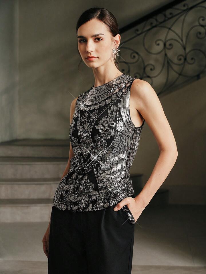 CM-TS151636 Women Elegant Seoul Style Stand Collar Sleeveless Slim Fit Beaded Vest Top - Black