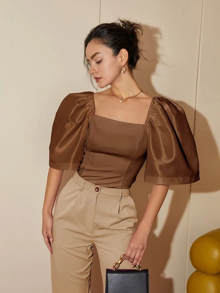 CM-TS715999 Women Elegant Seoul Style Puff Sleeve Square Neck Blouse - Coffee Brown