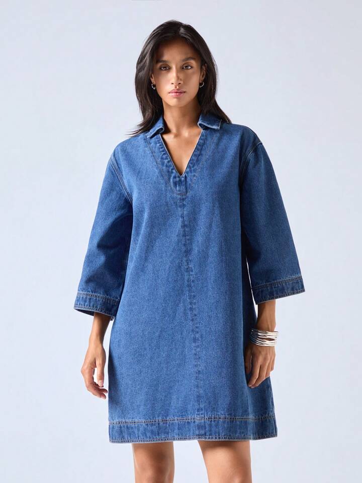 CM-DS233229 Women Casual Seoul Style V-Neck Half Sleeve Mid Waist Loose Mini Denim Dress - Blue