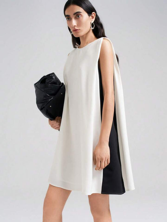 CM-DS223977 Women Elegant Seoul Style Round Neck Sleeveless Color Block Patchwork Mini Dress