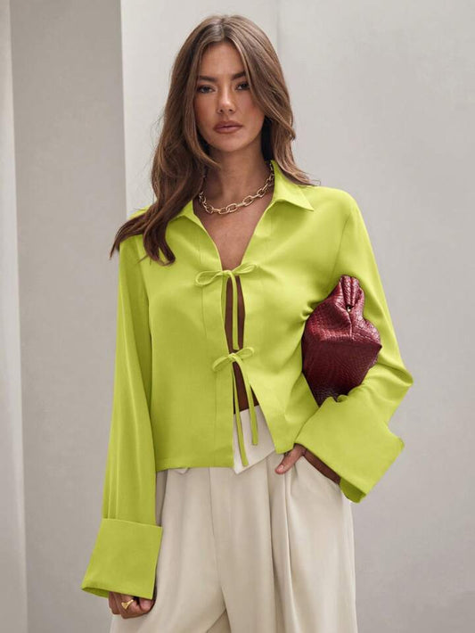 CM-TS814811 Women Trendy Bohemian Style Shirt Collar Front Tie Long Sleeve Shirt - Green