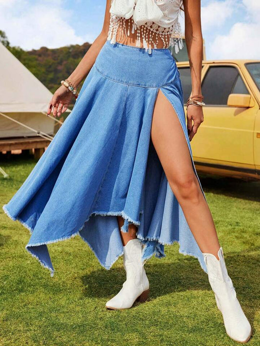 CM-BS175913 Women Casual Seoul Style High Slit Fringe Asymmetrical Hem Denim Midi Skirt - Blue