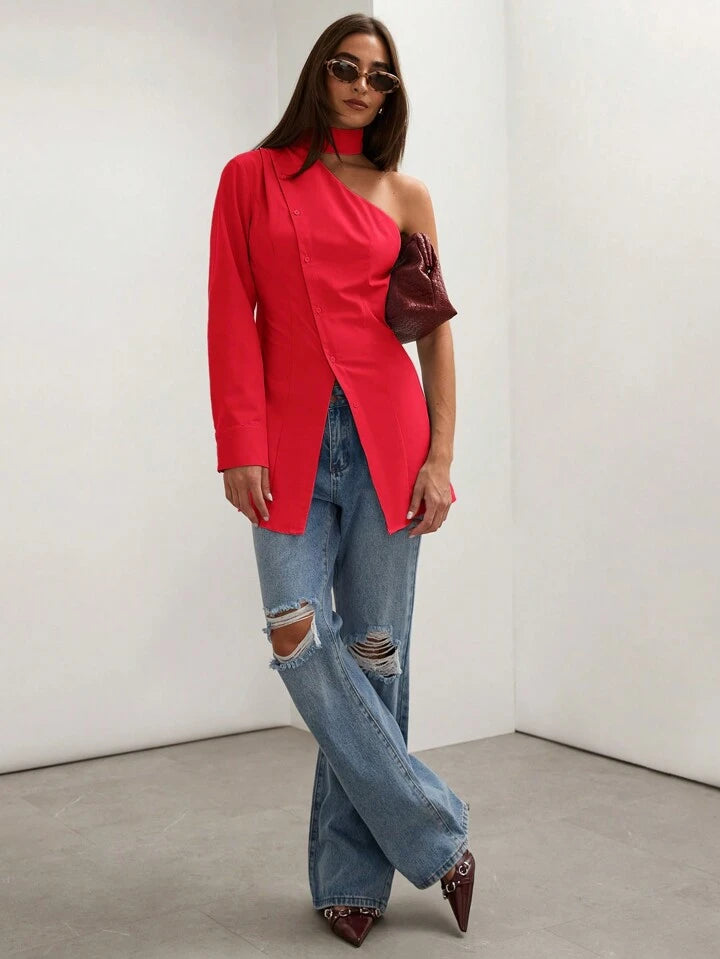 CM-TS870822 Women Casual Seoul Style Asymmetric Collar One Shoulder Long Sleeve Blouse - Red