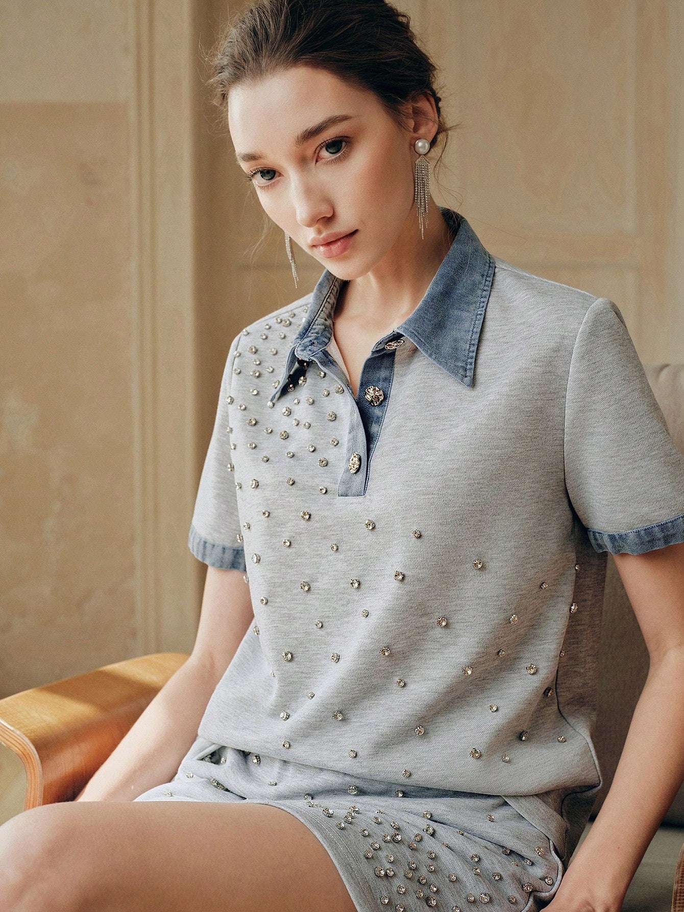 CM-TS782655 Women Casual Seoul Style Collar Neckline Color-Blocking Short Sleeve Denim T-Shirt - Light Gray