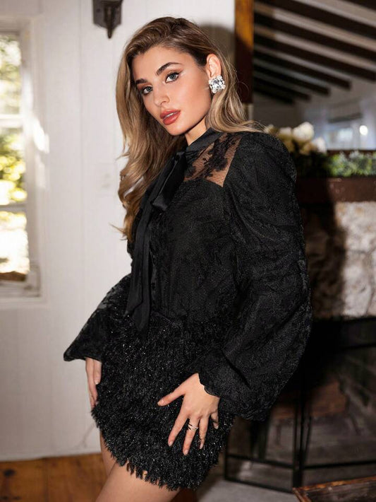 CM-TS991103 Women Elegant Seoul Style Lace Patchwork Tie Neck Long Sleeve Blouse - Black