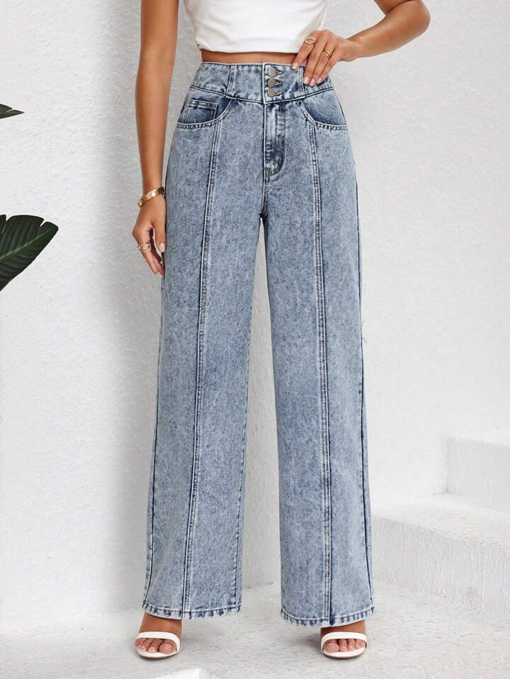 CM-BS591917 Women Casual Seoul Style Light Wash High Waist Seam Detail Straight Leg Jeans