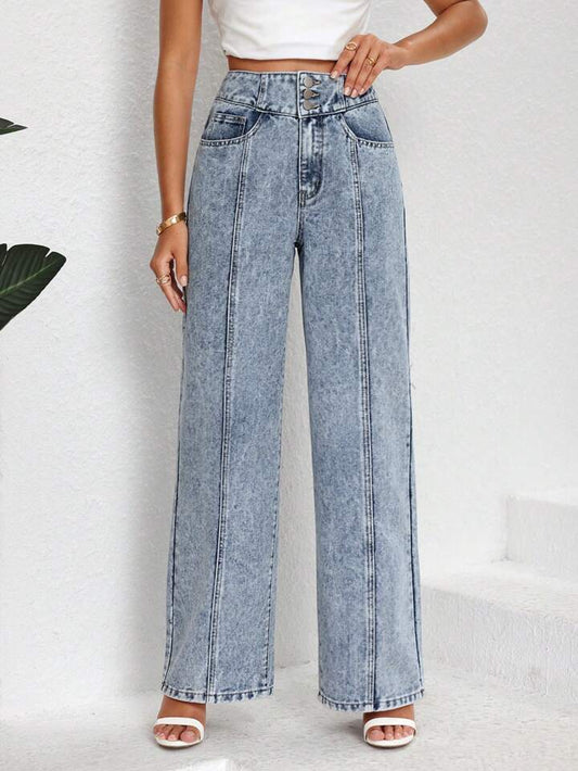 CM-BS591917 Women Casual Seoul Style Light Wash High Waist Seam Detail Straight Leg Jeans