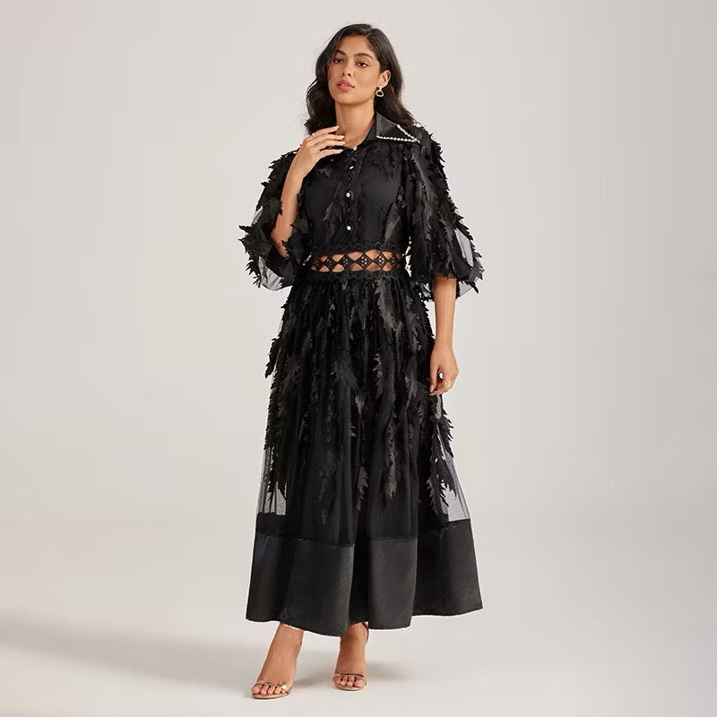 CM-DY055505 Women Elegant European Style Collar Rhinestone Neckline Half Sleeve Hollow Out Long Dress - Black