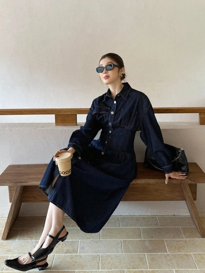CM-DS911860 Women Casual Seoul Style Dark Wash Collar Neckline Long Sleeve High  Waist Midi Denim Dress