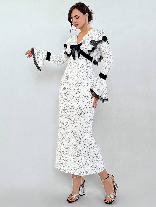 CM-DS745060 Women Elegant Seoul Style V-Neck Ruffled Lace Polka Dot Print Dress