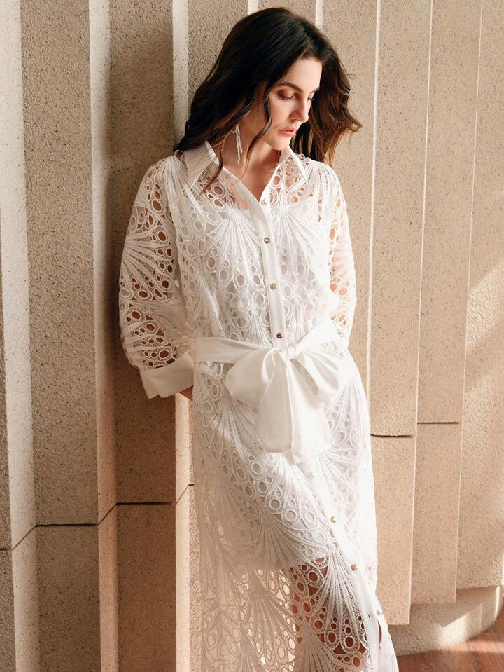 CM-DS168582 Women Elegant Seoul Style Collar Neckline Mid-Sleeve Lace Embroidered Midi Dress - White