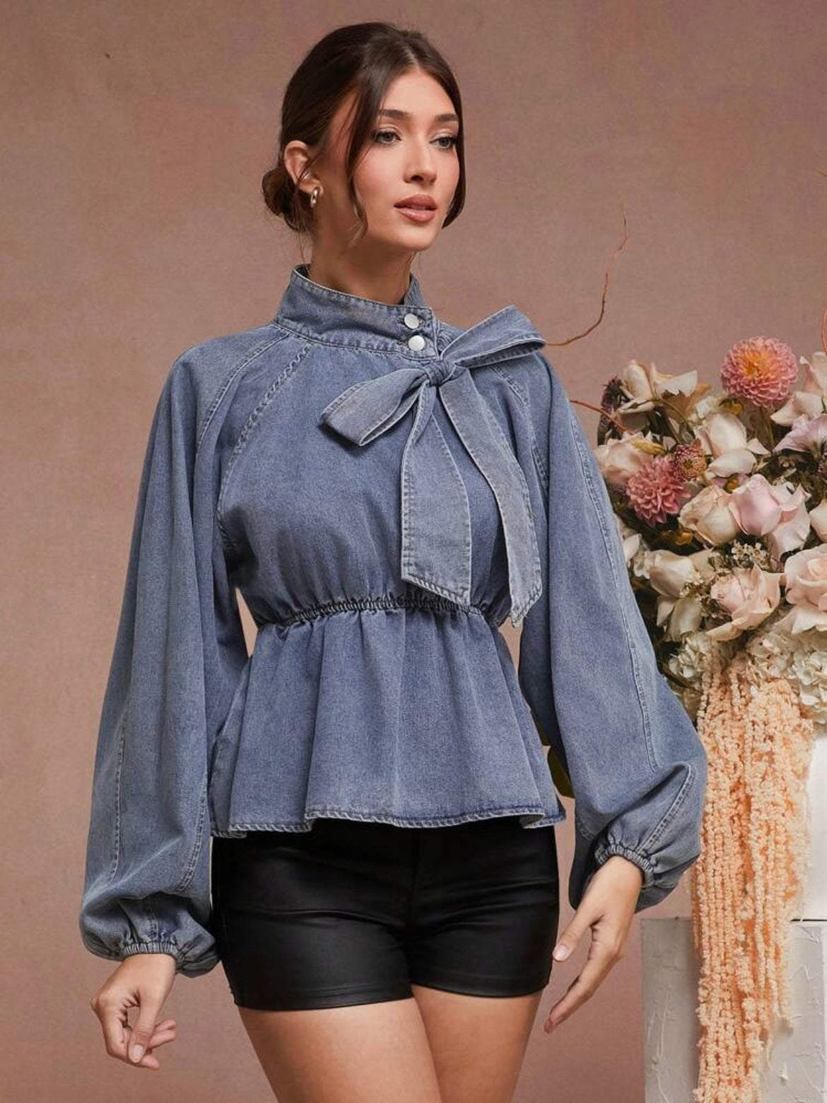 CM-TS532112 Women Casual Seoul Style Light Wash Bow Neck Tie Balloon Sleeve Peplum Denim Top