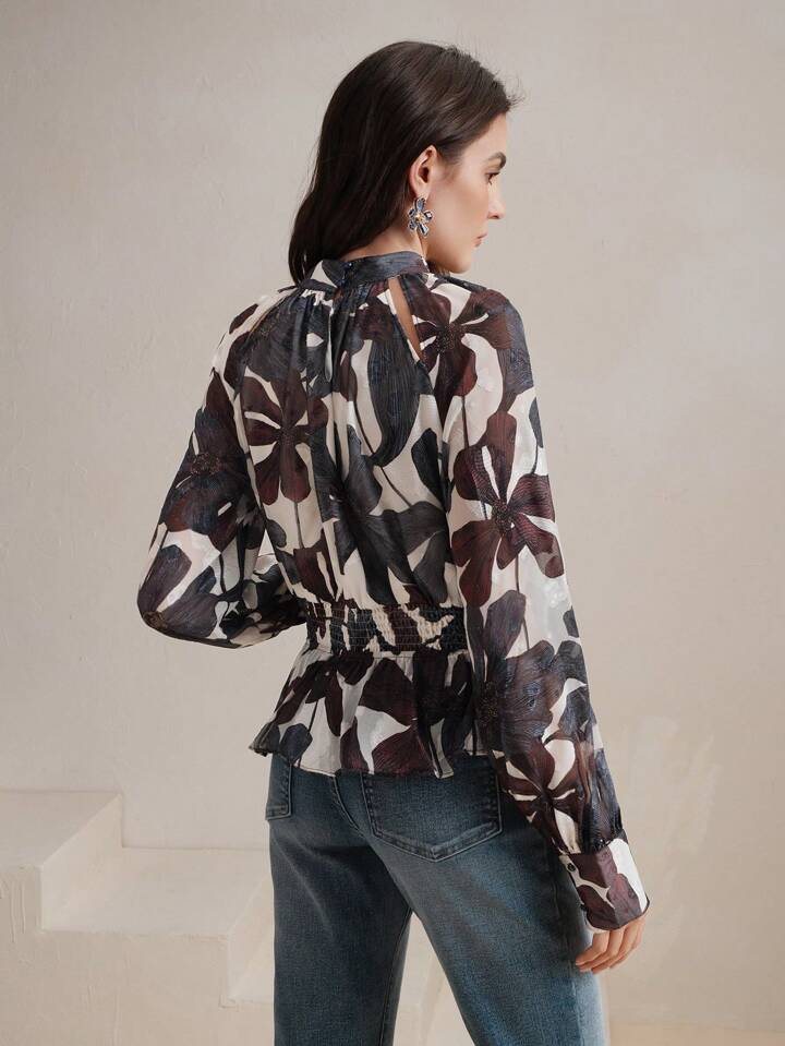 CM-TS475554 Women Elegant Seoul Style Stand Collar Long Sleeve Hollow-Out Fitted Floral Print Blouse