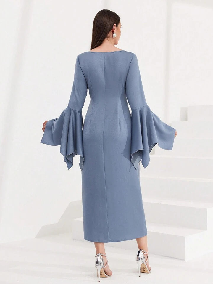 CM-DS044444 Women Elegant Seoul Style Irregular Bell Sleeve Tied Front Dress - Blue