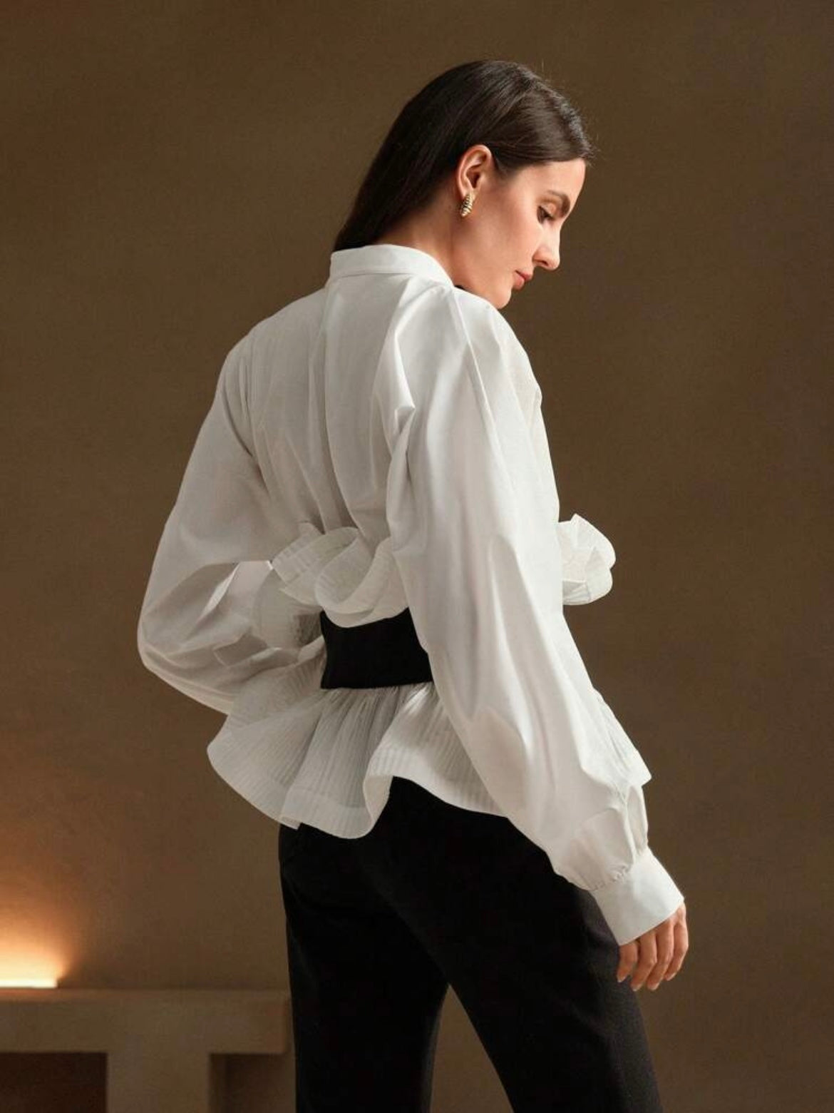 CM-TS961174 Women Elegant Seoul Style Multi-Layer Ruffles Waist Cinching Loose Shirt - White