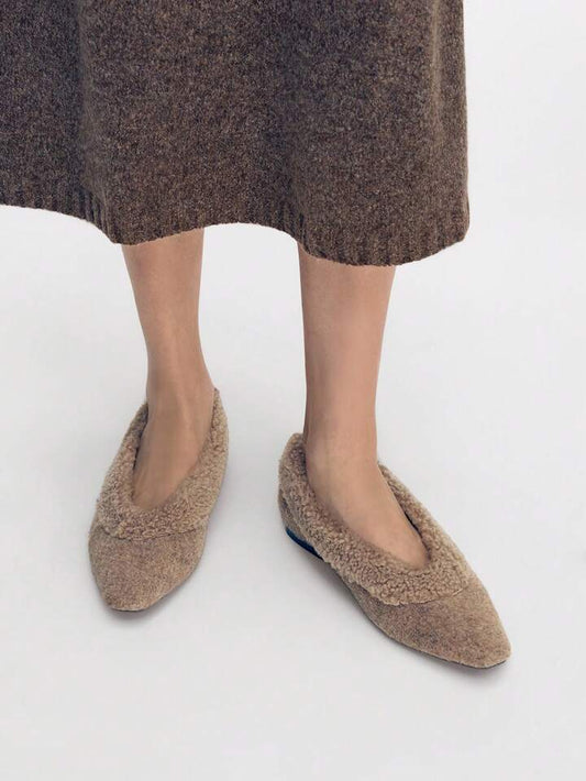 CM-SHS559490 Women Trendy Seoul Style Plush Pointed Toe Flats - Apricot