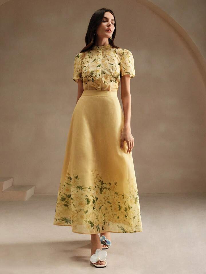 CM-SS855857 Women Elegant Seoul Style Floral Print Crew Neck Puff Sleeve Top With Long Skirt - Set