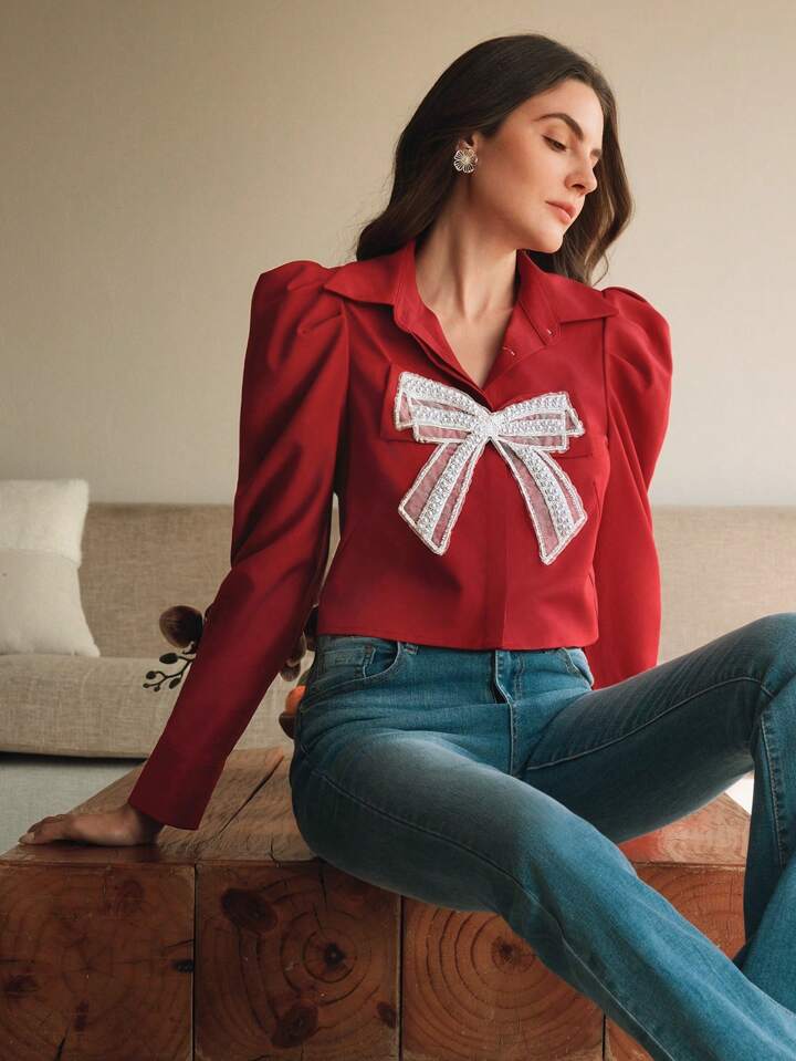 CM-TS919720 Women Elegant Seoul Style Collar Neckline Butterfly Pearl Floral Long Sleeve Blouse - Red