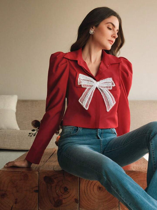CM-TS919720 Women Elegant Seoul Style Collar Neckline Butterfly Pearl Floral Long Sleeve Blouse - Red