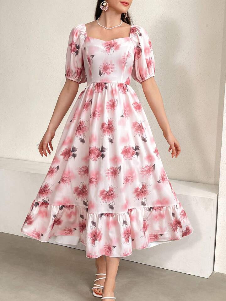 CM-DS703995 Women Casual Seoul Style Floral Print Sweetheart Neckline Ruffle Hem Dress