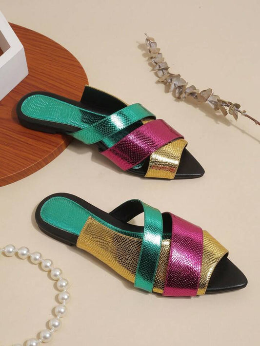 CM-SHS275716 Women Trendy Seoul Style Multicolor Color-Block Pointed Toe Slippers