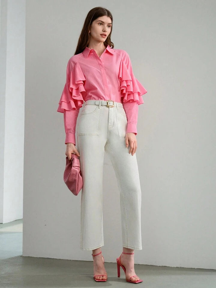 CM-BS422910 Women Casual Seoul Style Solid Slant Pocket Straight Leg Jeans - White