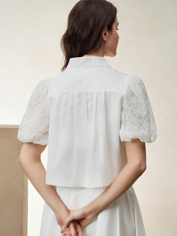 CM-TS548821 Women Casual Seoul Style Lace Patchwork Collar Neckline Puff Sleeve Blouse - White